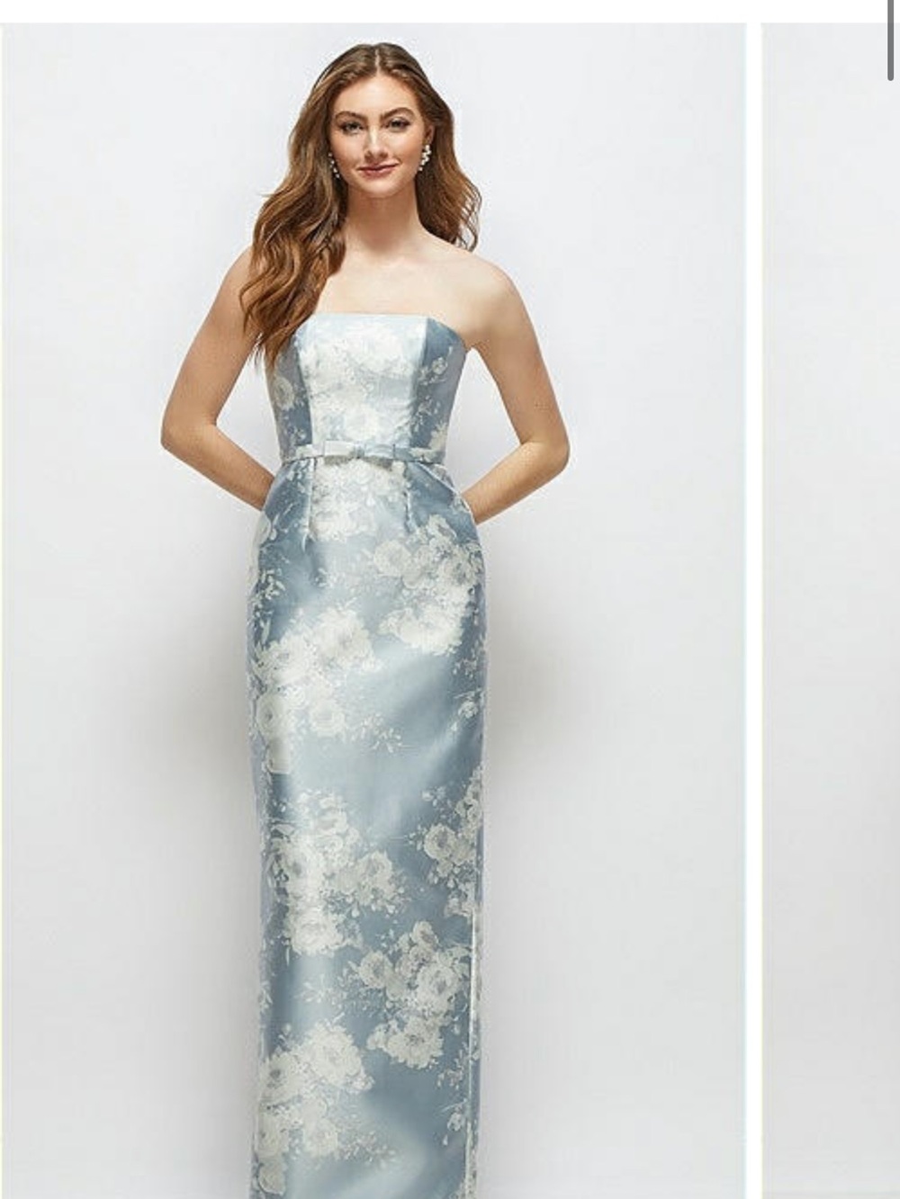 ALFRED SUNG Strapless Light Blue and White Floral Bridesmaid Dress